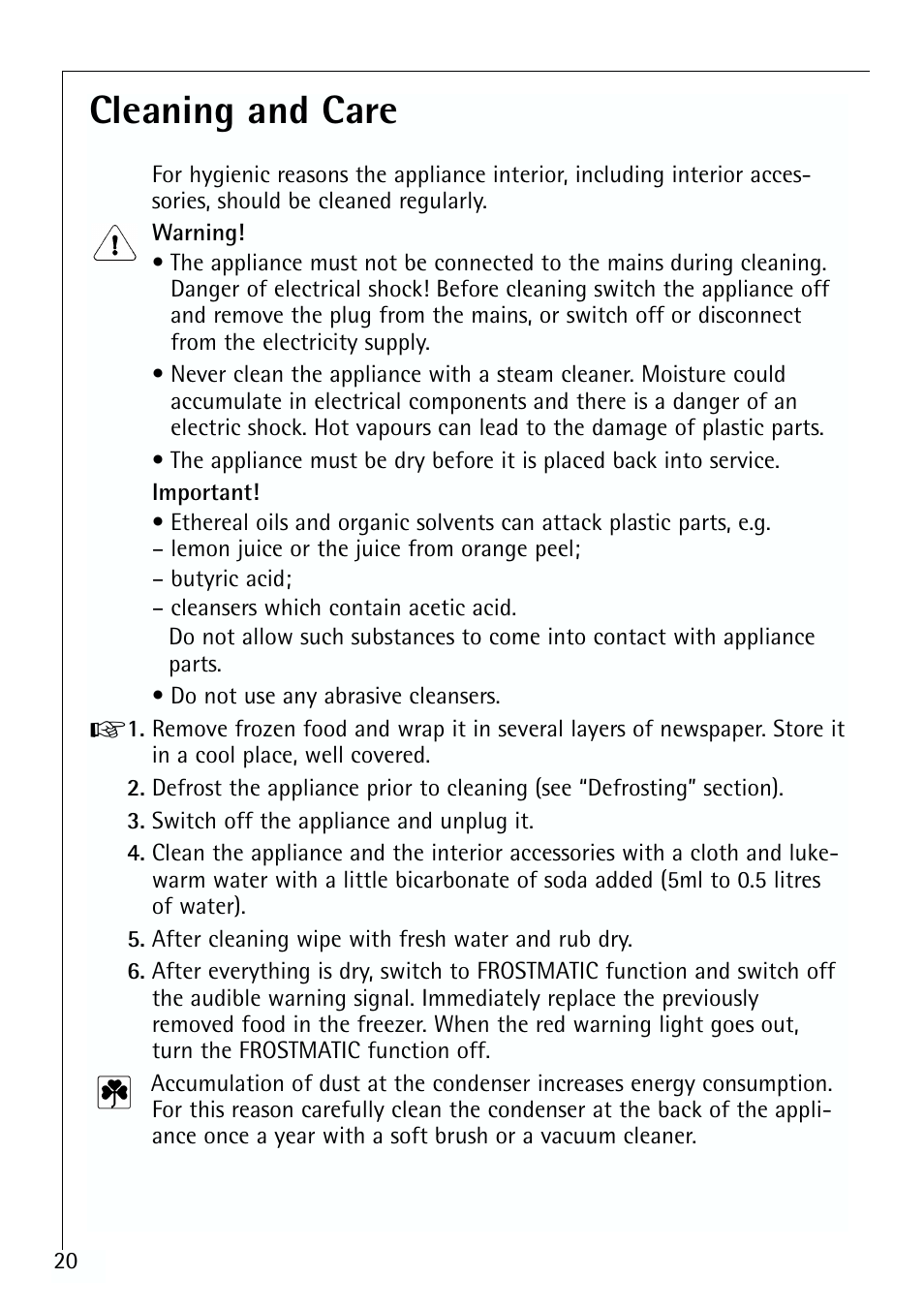 Cleaning and care | Electrolux ARCTIS 70110 User Manual | Page 20 / 28