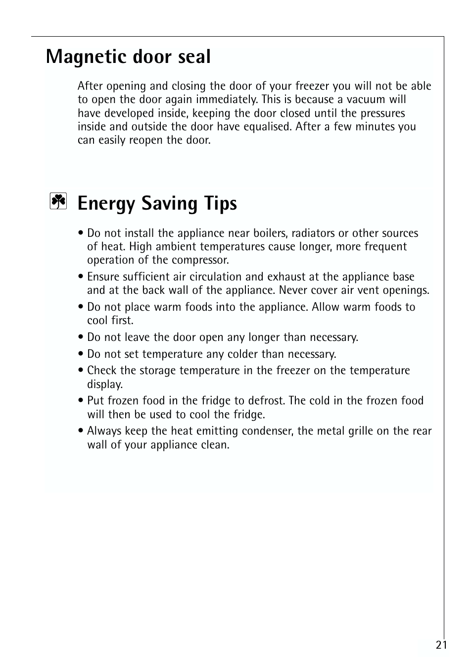 Magnetic door seal, Energy saving tips | Electrolux ARCTIS 70110 User Manual | Page 21 / 28