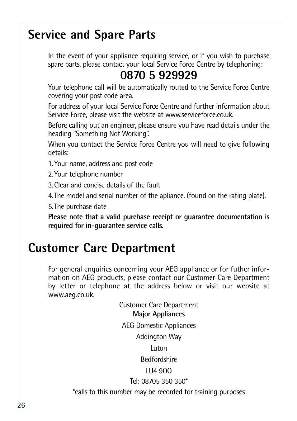 Service and spare parts, Customer care department | Electrolux ARCTIS 70110 User Manual | Page 26 / 28