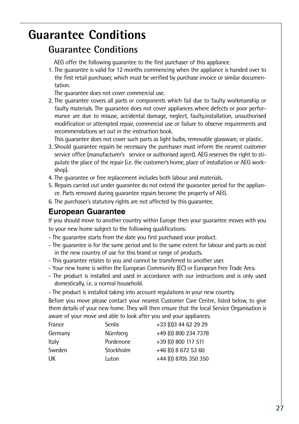 Guarantee conditions | Electrolux ARCTIS 70110 User Manual | Page 27 / 28