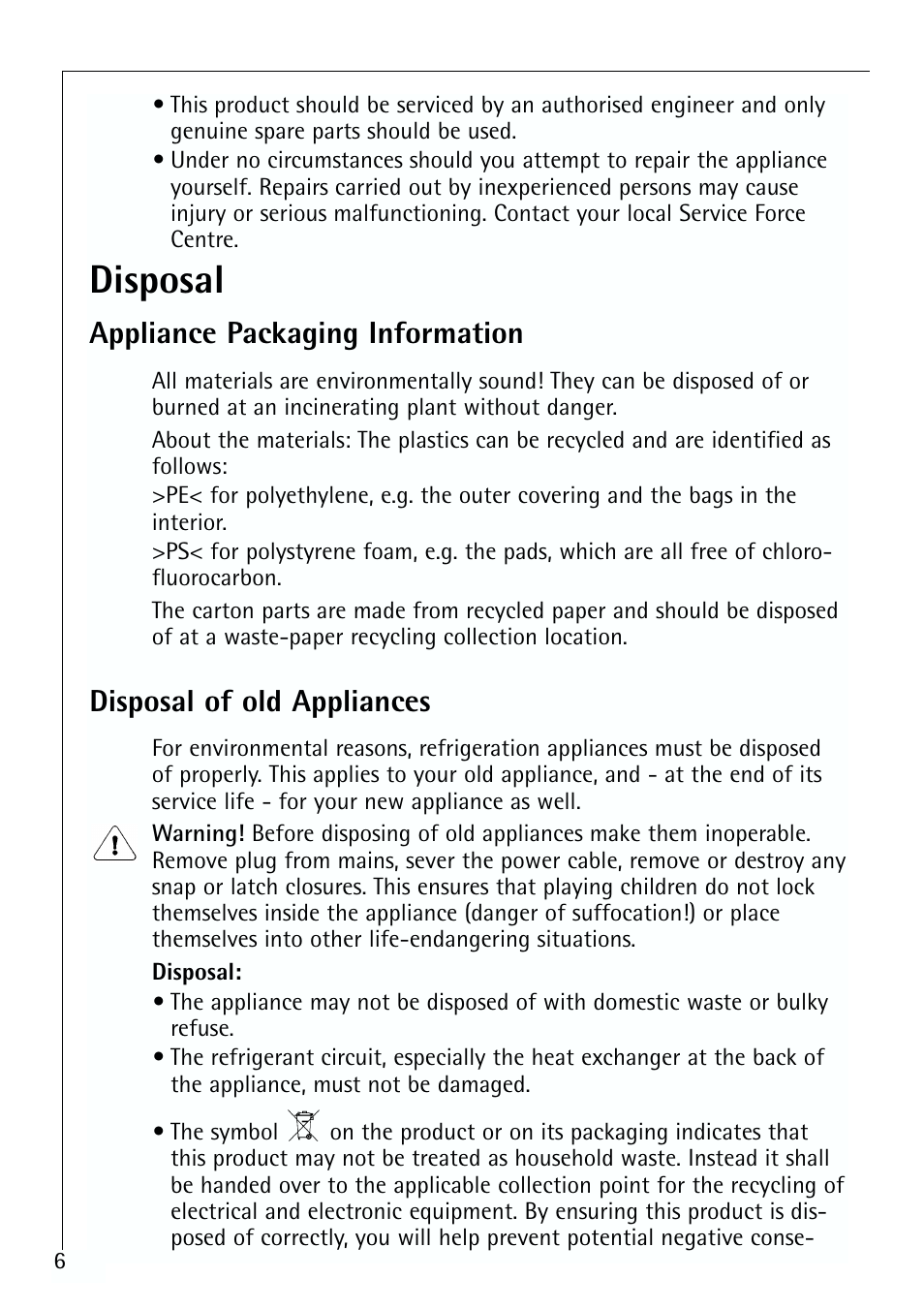 Disposal, Appliance packaging information, Disposal of old appliances | Electrolux ARCTIS 70110 User Manual | Page 6 / 28