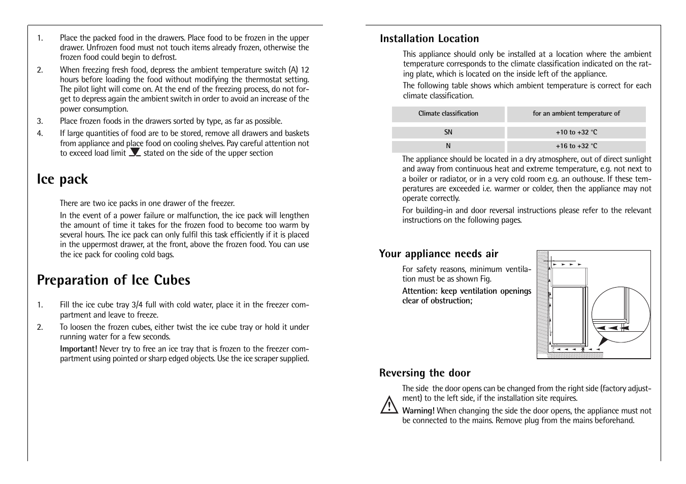 Ice pack, Preparation of ice cubes, Installation location | Your appliance needs air, Reversing the door | Electrolux C 6 18 41 i User Manual | Page 10 / 28