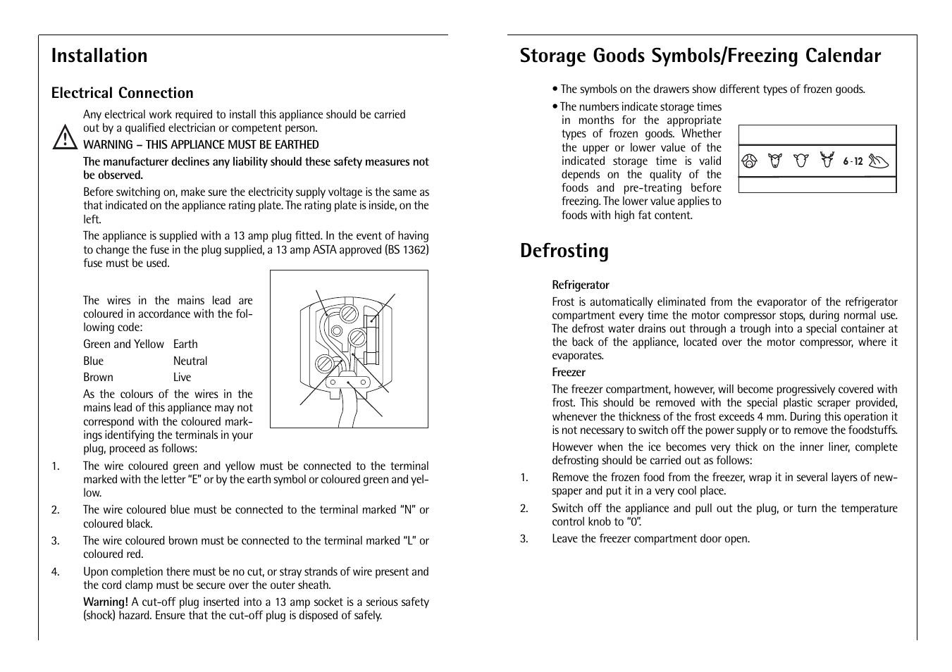 Storage goods symbols/freezing calendar, Defrosting, Installation | Electrolux C 6 18 41 i User Manual | Page 11 / 28