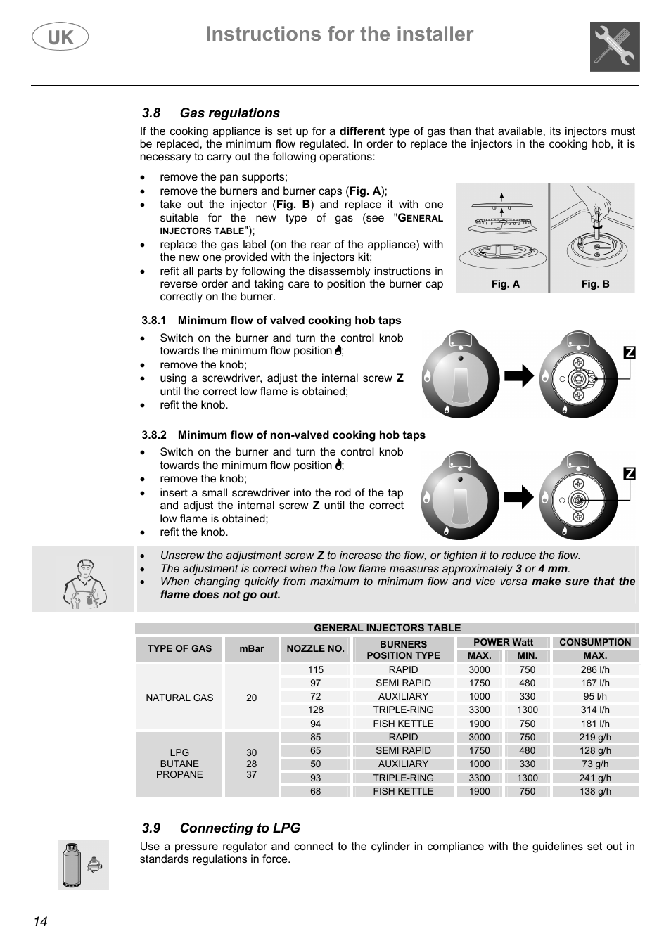 Instructions for the installer, 14 3.8 gas regulations, 9 connecting to lpg | Electrolux Electric Cooker User Manual | Page 14 / 36