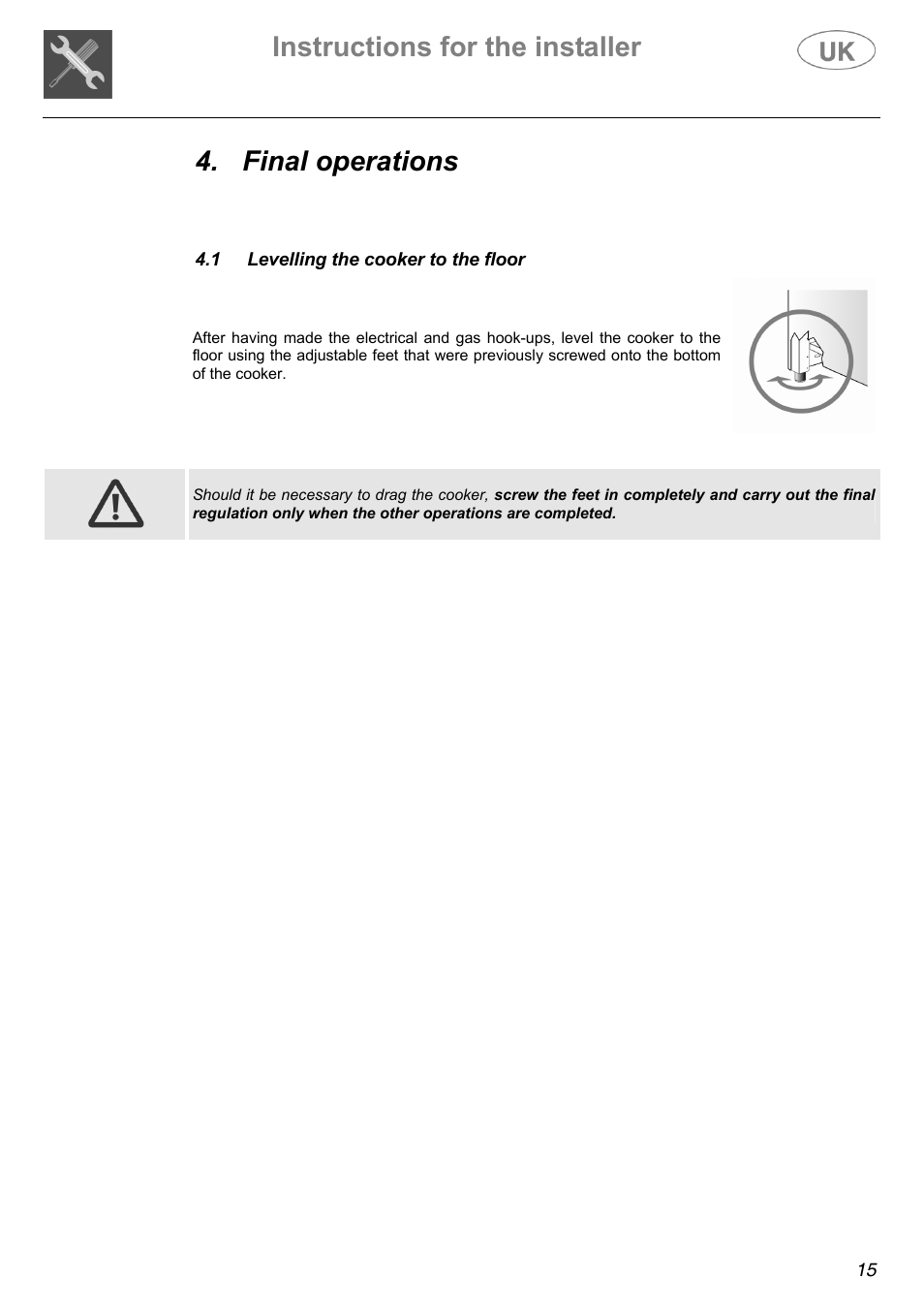 Instructions for the installer, Final operations | Electrolux Electric Cooker User Manual | Page 15 / 36