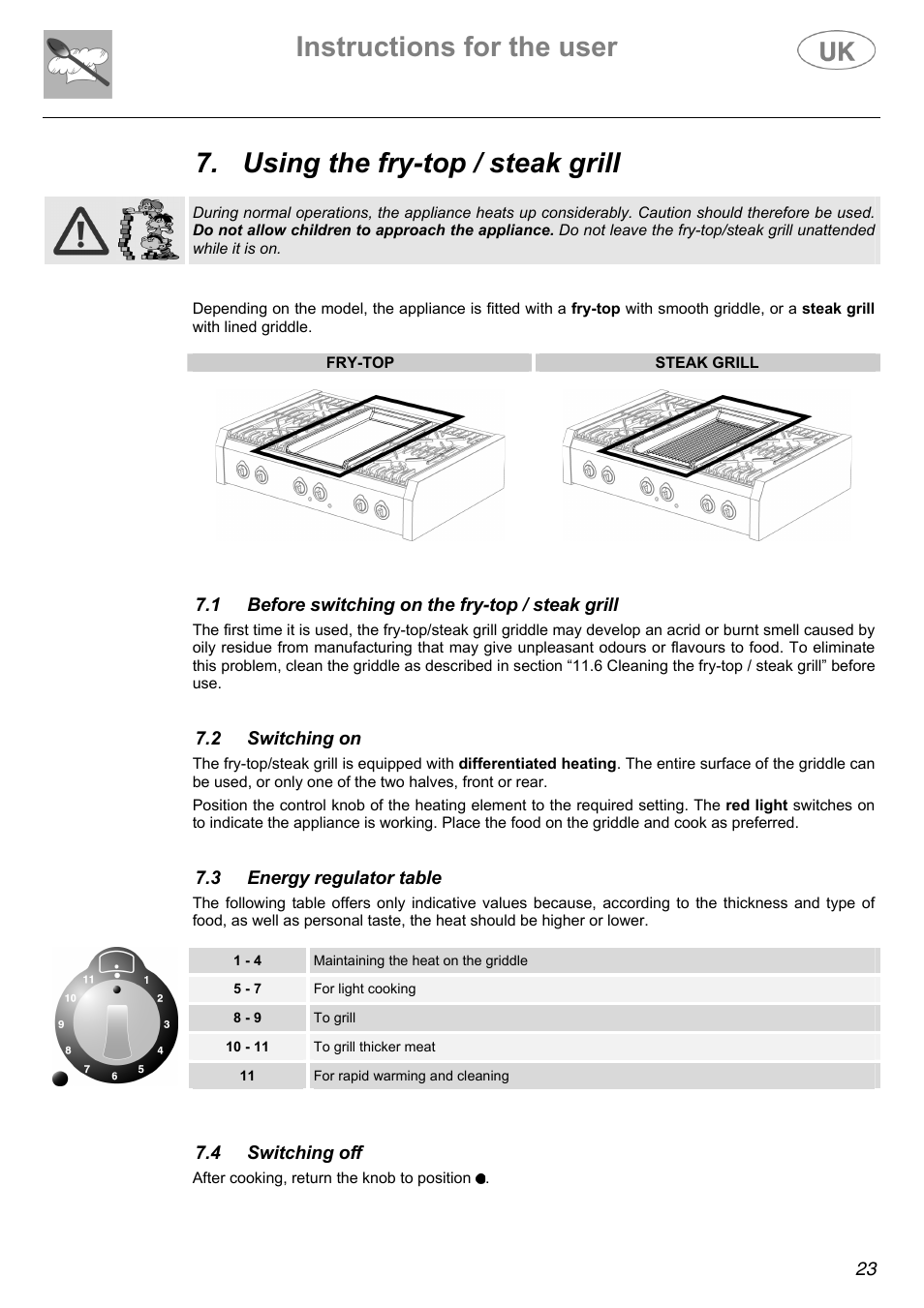 Instructions for the user, Using the fry-top / steak grill | Electrolux Electric Cooker User Manual | Page 23 / 36