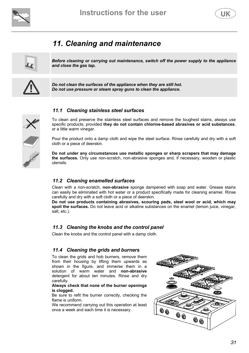 Instructions for the user, Cleaning and maintenance | Electrolux Electric Cooker User Manual | Page 31 / 36