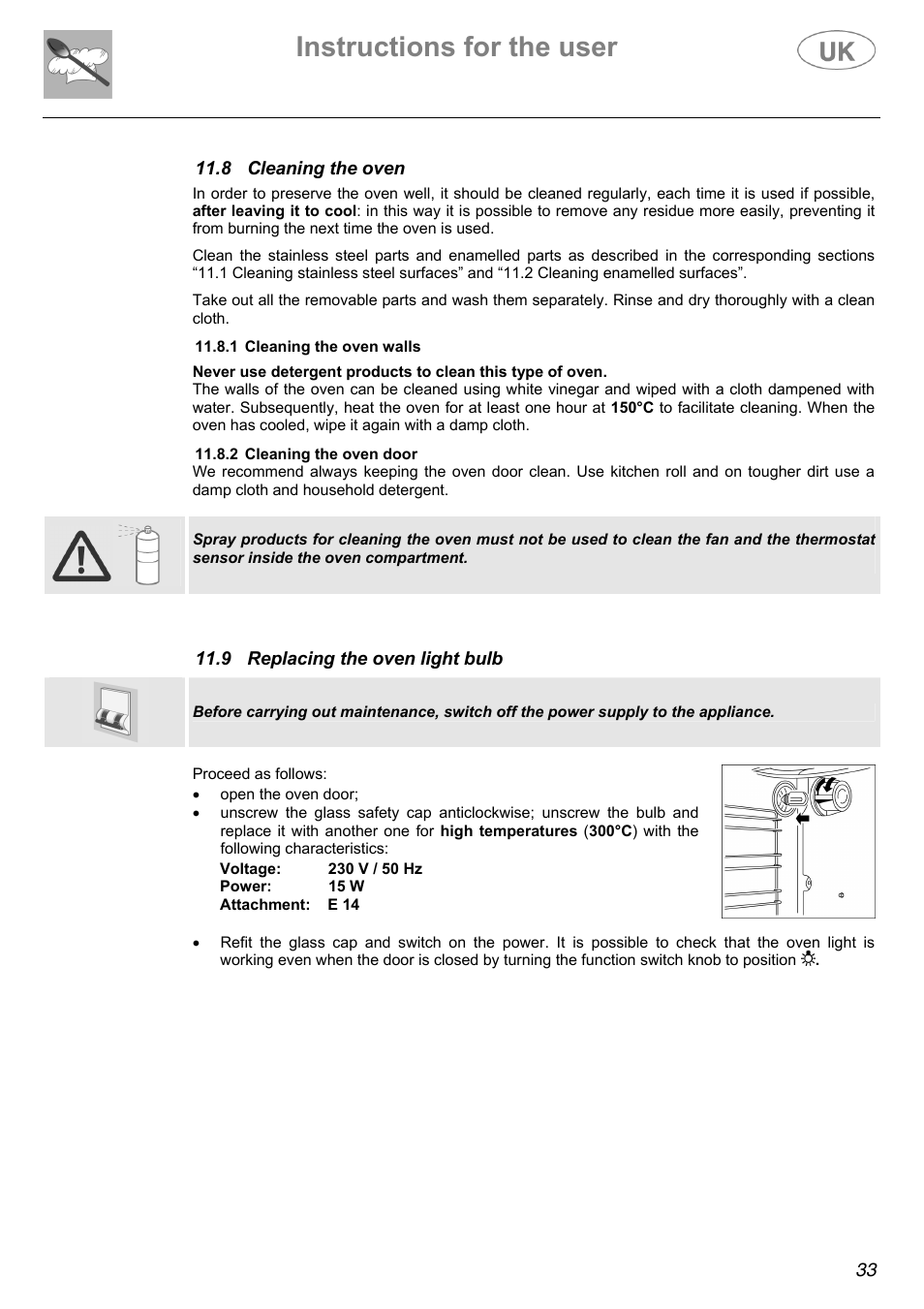 Instructions for the user | Electrolux Electric Cooker User Manual | Page 33 / 36