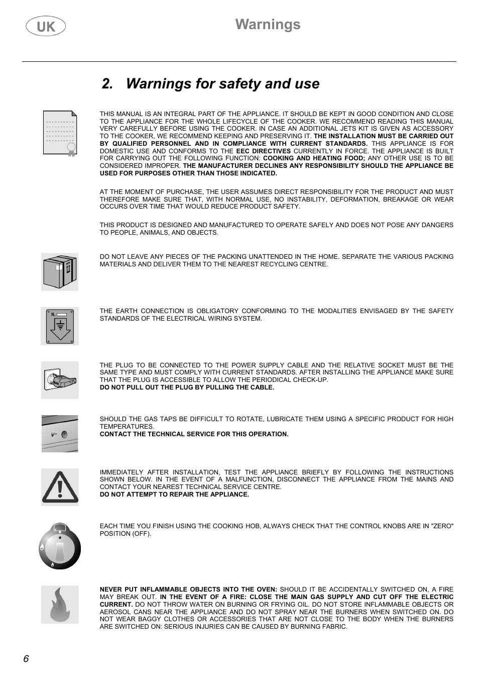 Warnings, Warnings for safety and use | Electrolux Electric Cooker User Manual | Page 6 / 36