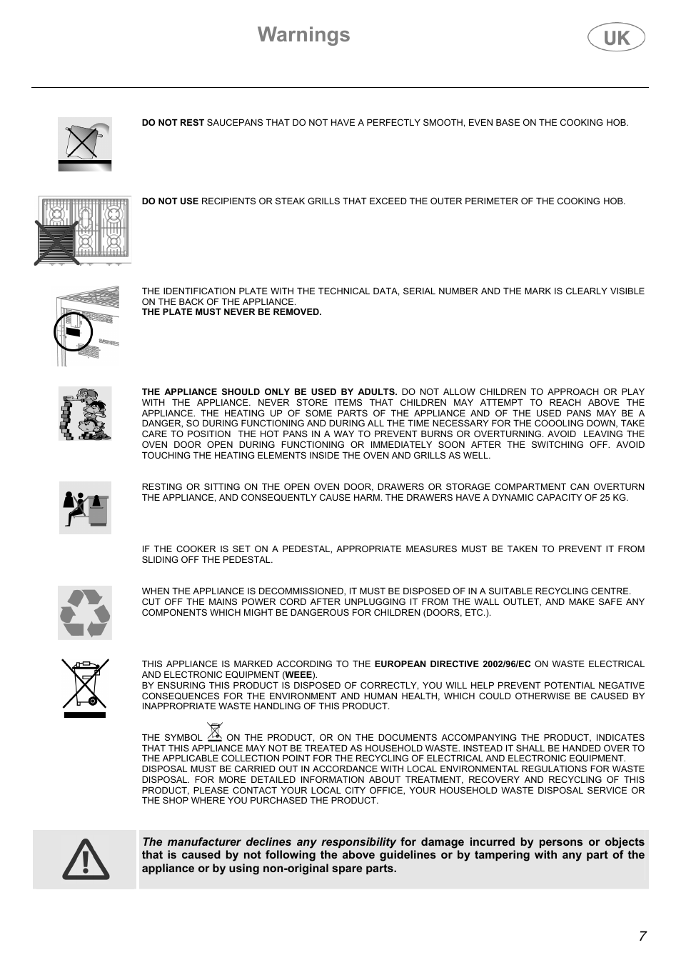 Warnings | Electrolux Electric Cooker User Manual | Page 7 / 36