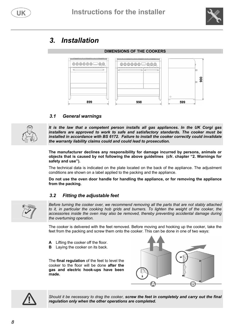 Instructions for the installer, Installation | Electrolux Electric Cooker User Manual | Page 8 / 36