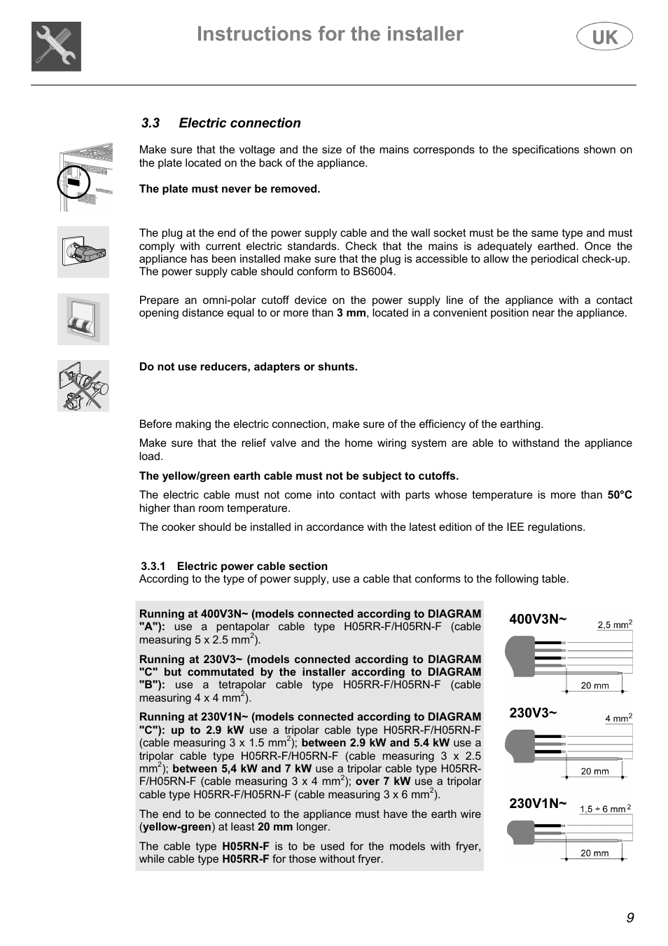 Instructions for the installer | Electrolux Electric Cooker User Manual | Page 9 / 36