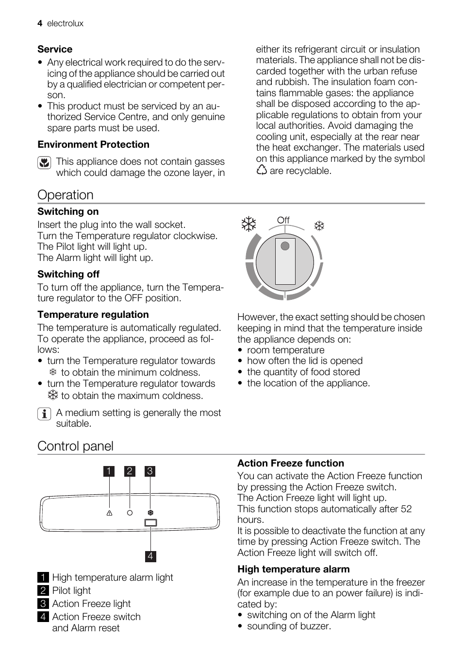 Operation, Control panel | Electrolux ECN 50104 W User Manual | Page 4 / 12
