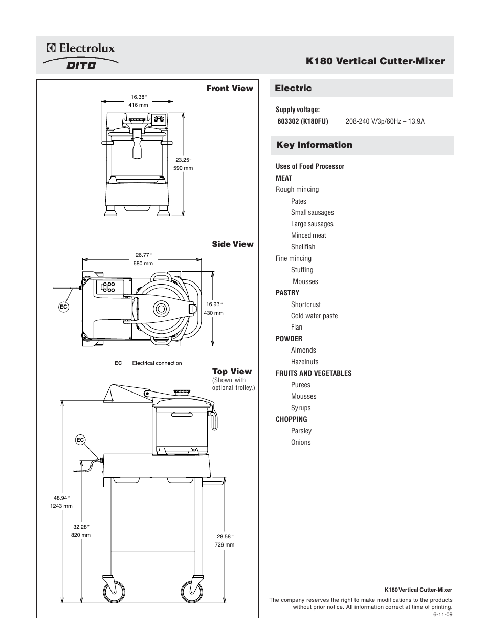 K180 vertical cutter-mixer, Electric, Key information | Electrolux Dito 603302 User Manual | Page 2 / 2