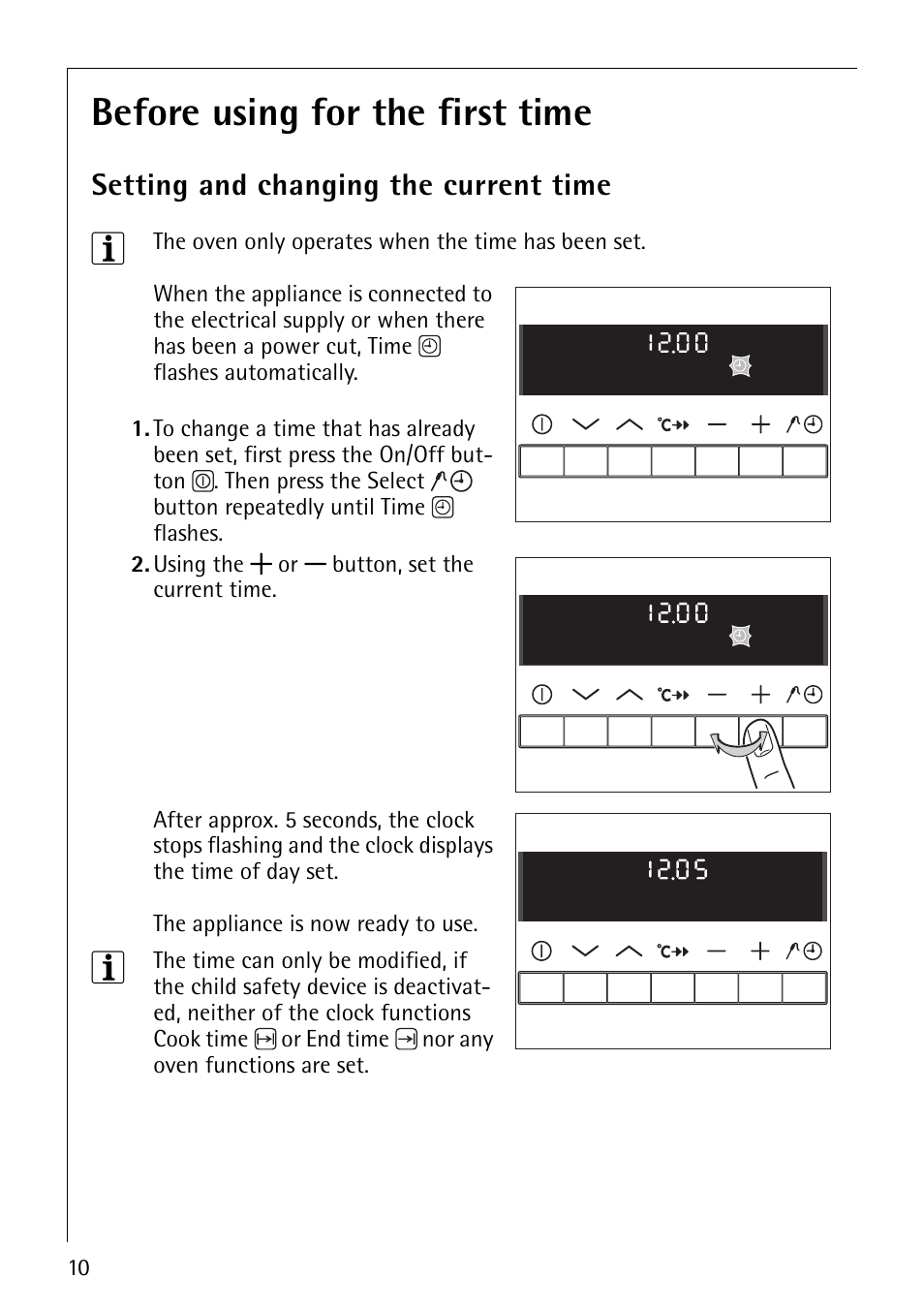 Before using for the first time, Setting and changing the current time | Electrolux B8871-4 User Manual | Page 10 / 64