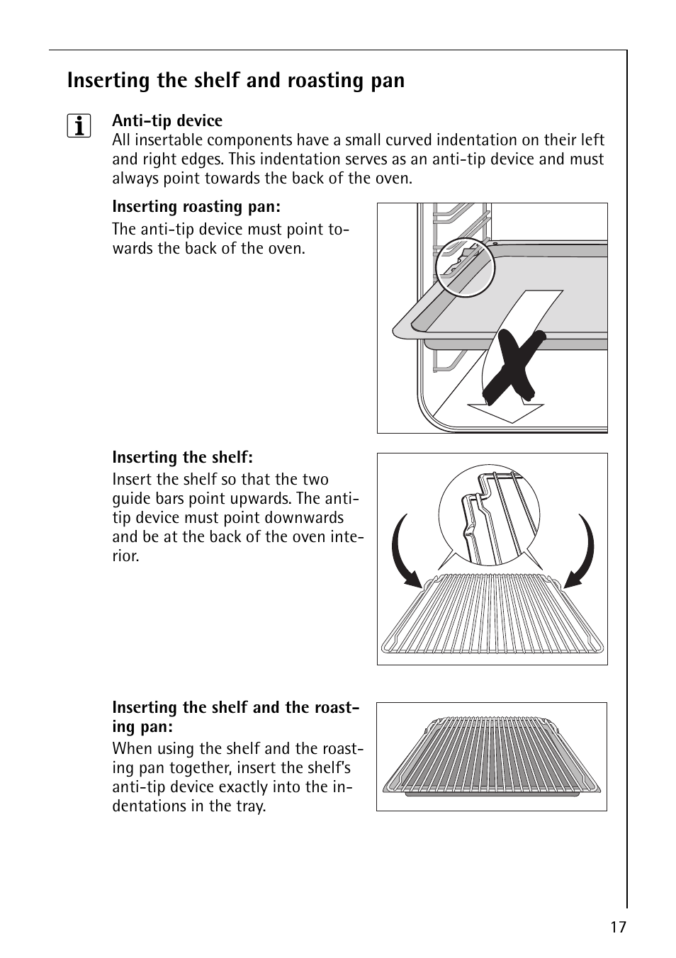 Inserting the shelf and roasting pan | Electrolux B8871-4 User Manual | Page 17 / 64