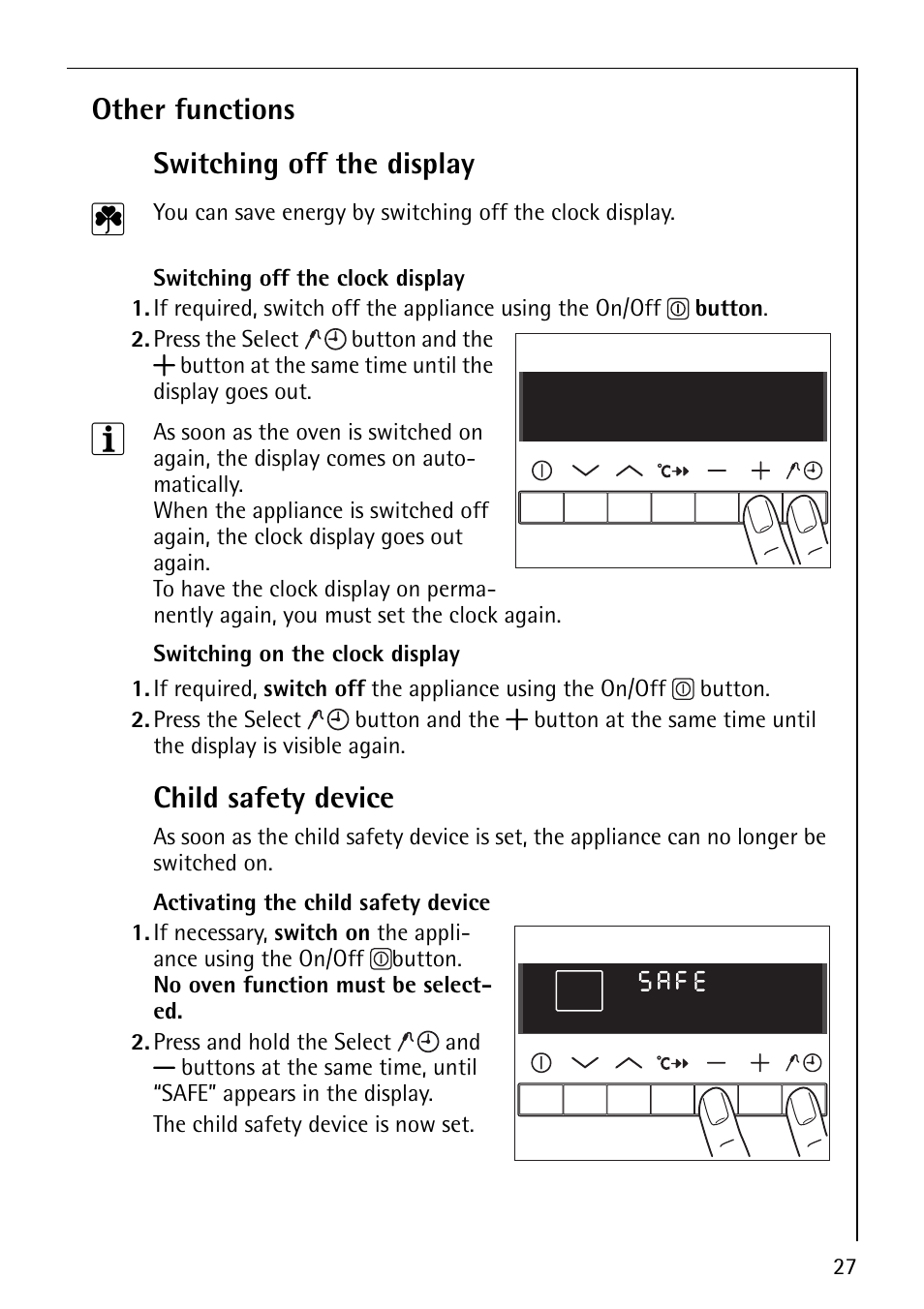 Other functions switching off the display, Child safety device | Electrolux B8871-4 User Manual | Page 27 / 64