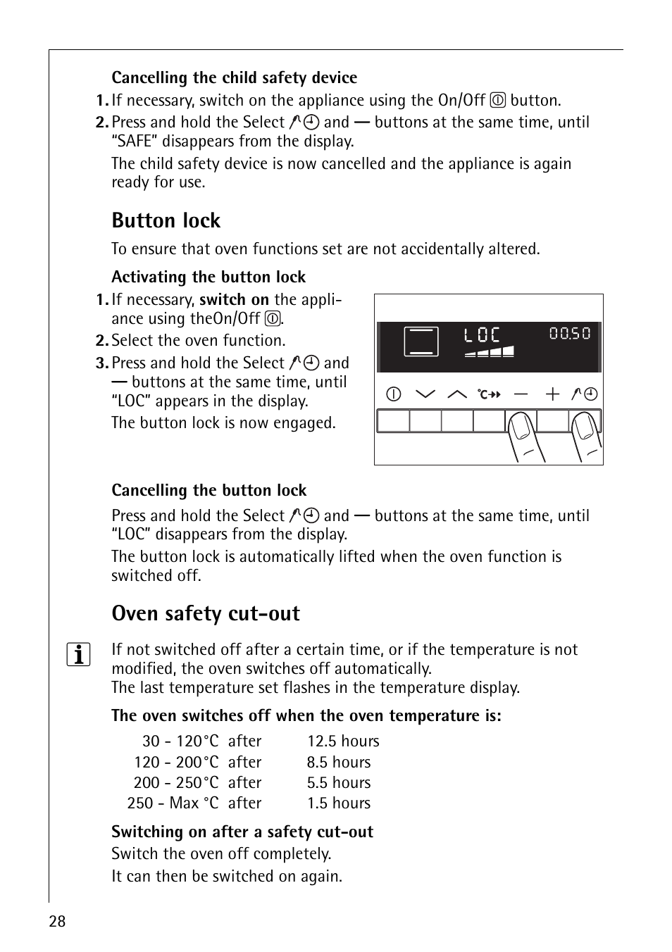 Button lock, Oven safety cut-out | Electrolux B8871-4 User Manual | Page 28 / 64