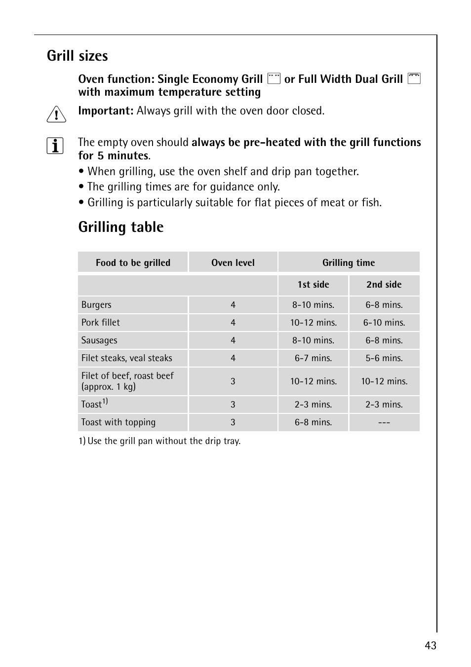 Grill sizes, Grilling table | Electrolux B8871-4 User Manual | Page 43 / 64