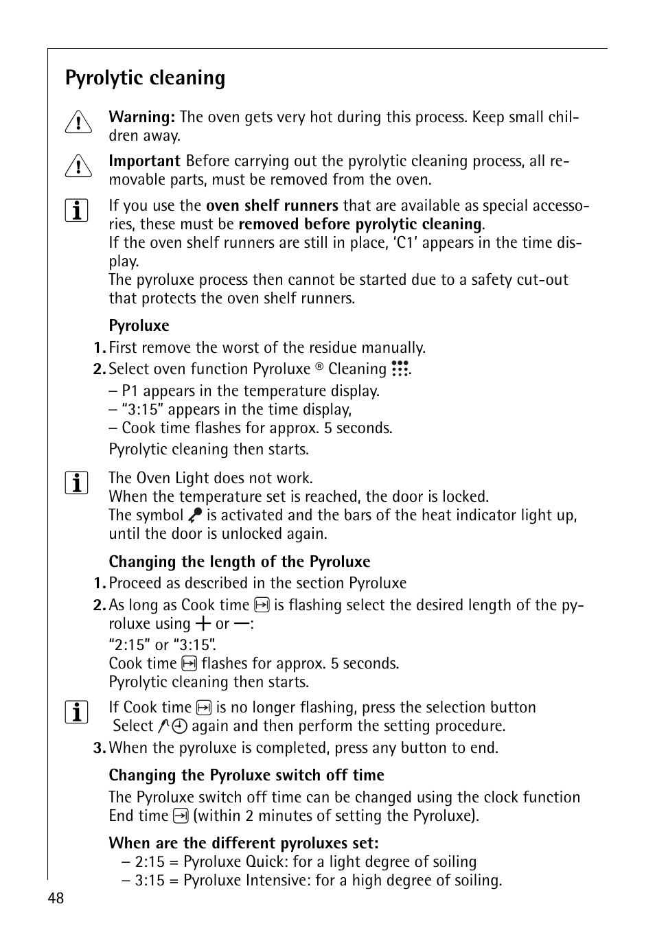 Pyrolytic cleaning | Electrolux B8871-4 User Manual | Page 48 / 64