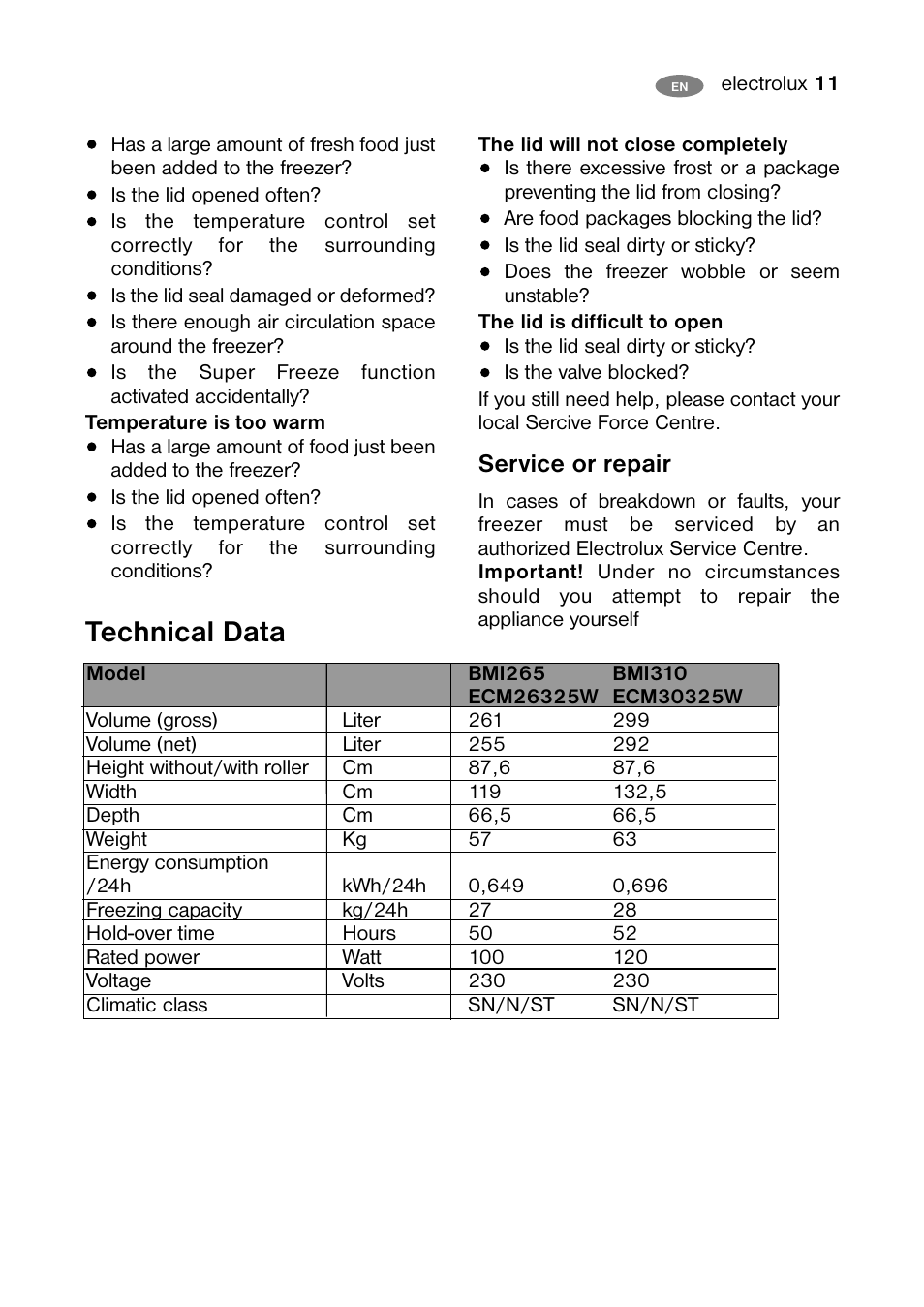 Technical data, Service or repair | Electrolux ECM 26325 W User Manual | Page 11 / 16