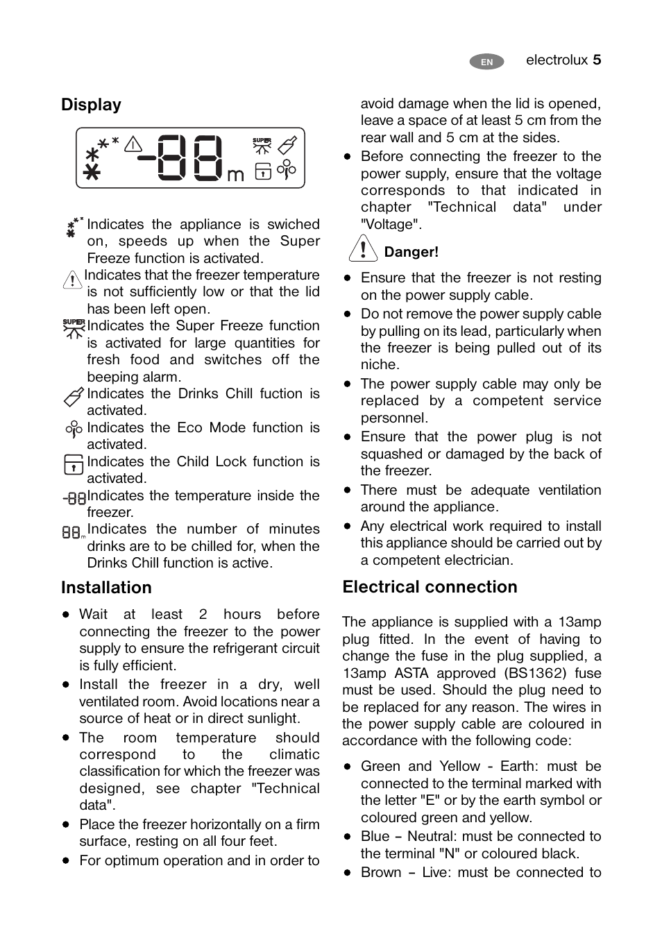 Display, Installation, Electrical connection | Electrolux ECM 26325 W User Manual | Page 5 / 16