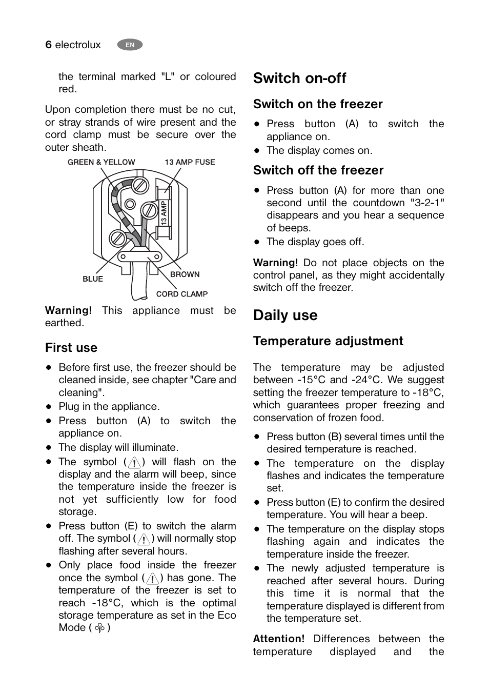 Switch on-off, Daily use | Electrolux ECM 26325 W User Manual | Page 6 / 16