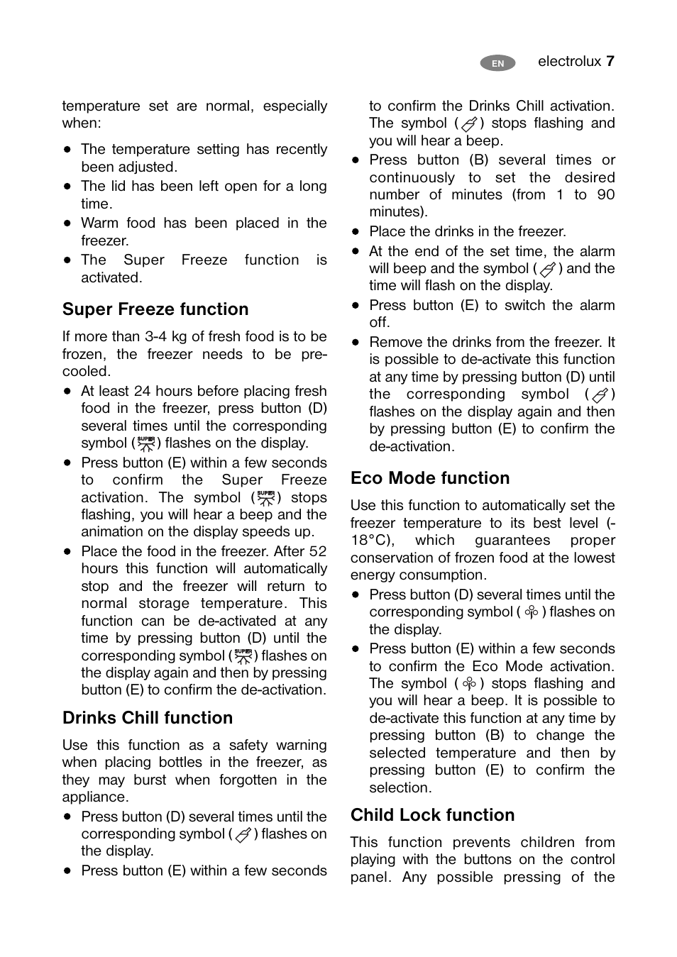 Super freeze function, Drinks chill function, Eco mode function | Child lock function | Electrolux ECM 26325 W User Manual | Page 7 / 16