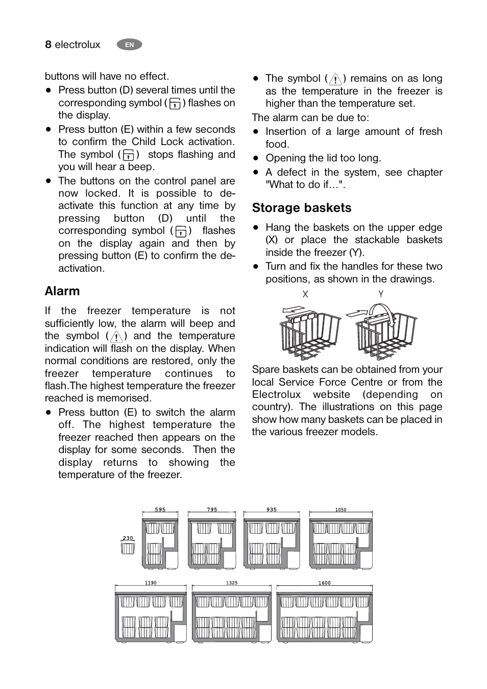 Alarm, Storage baskets | Electrolux ECM 26325 W User Manual | Page 8 / 16