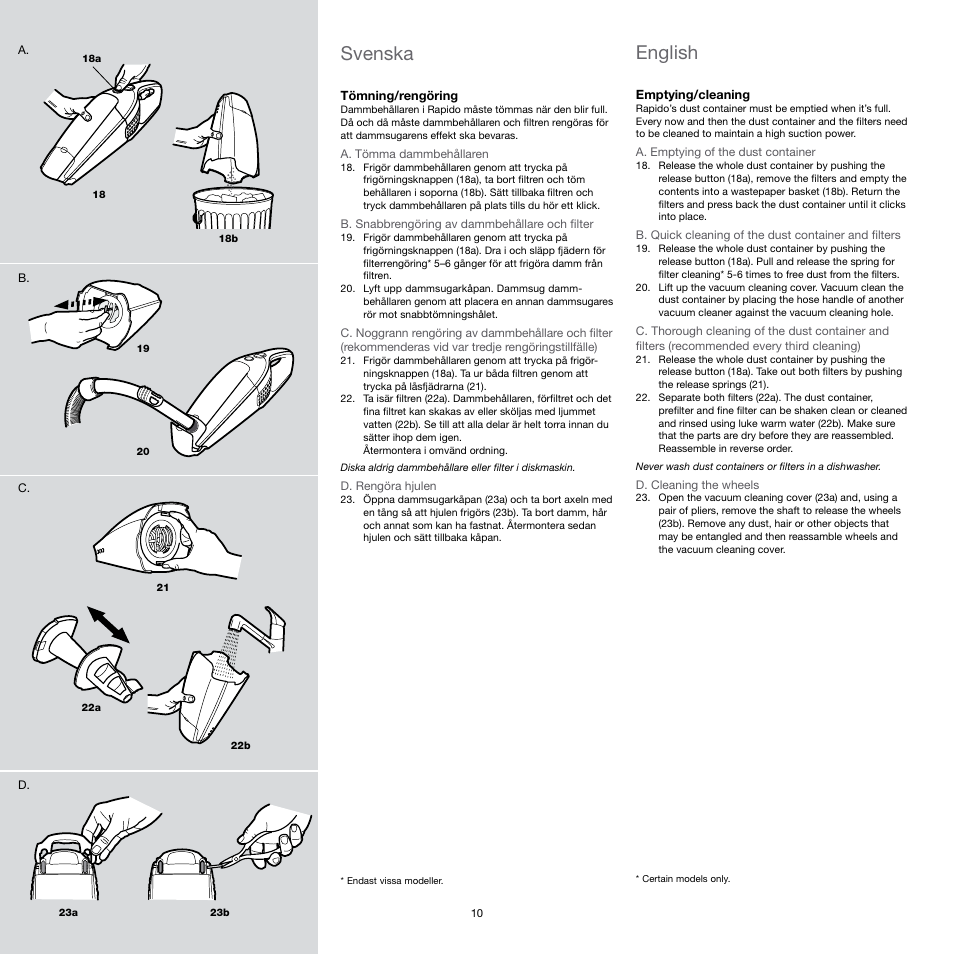 Svenska, English | Electrolux Rapido Vacuum Cleaner User Manual | Page 10 / 60