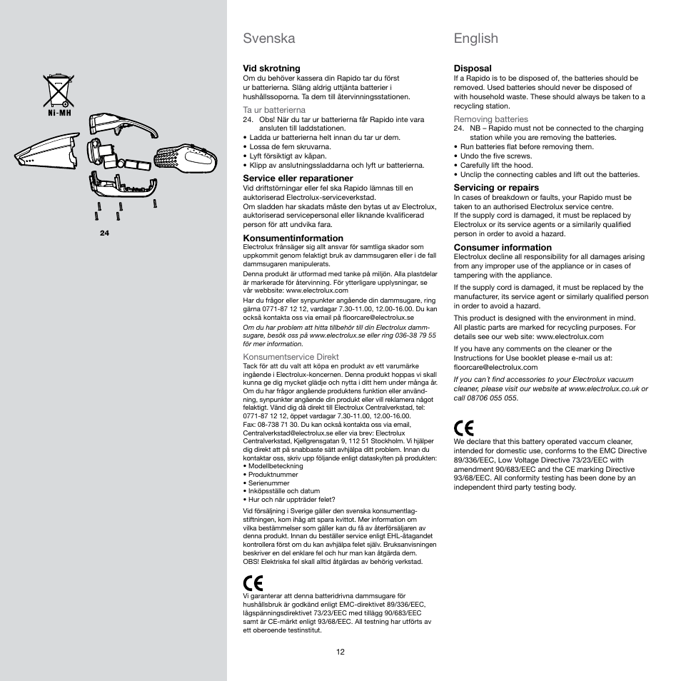 Svenska, English | Electrolux Rapido Vacuum Cleaner User Manual | Page 12 / 60