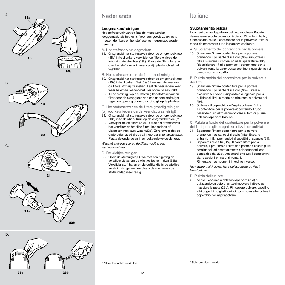 Nederlands, Italiano | Electrolux Rapido Vacuum Cleaner User Manual | Page 18 / 60