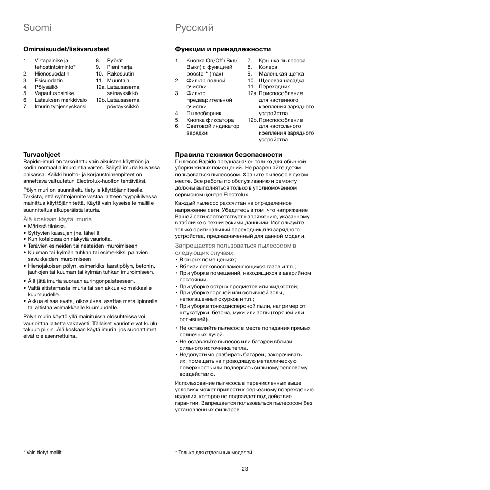 Suomi, Pусский | Electrolux Rapido Vacuum Cleaner User Manual | Page 23 / 60