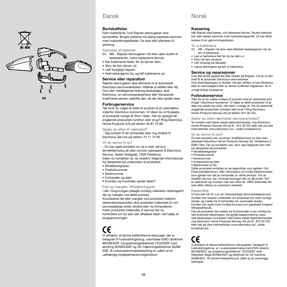 Dansk, Norsk | Electrolux Rapido Vacuum Cleaner User Manual | Page 28 / 60