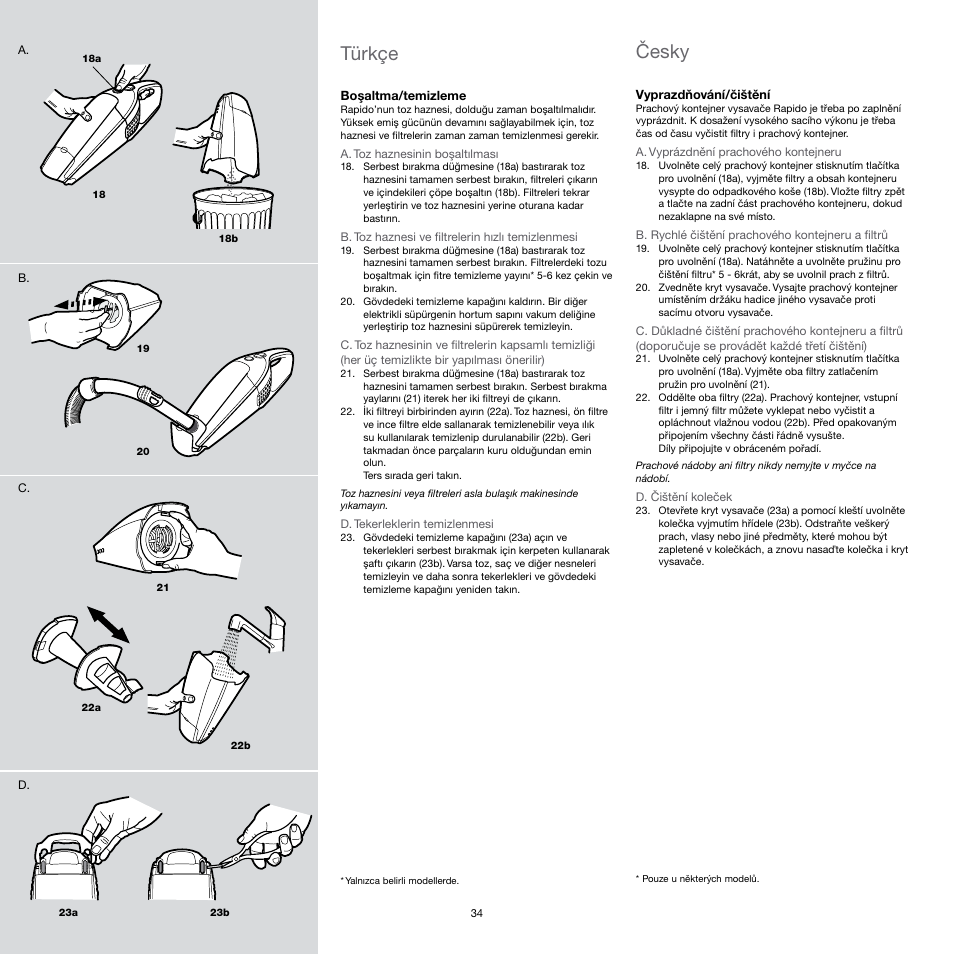 Türkçe, Česky | Electrolux Rapido Vacuum Cleaner User Manual | Page 34 / 60