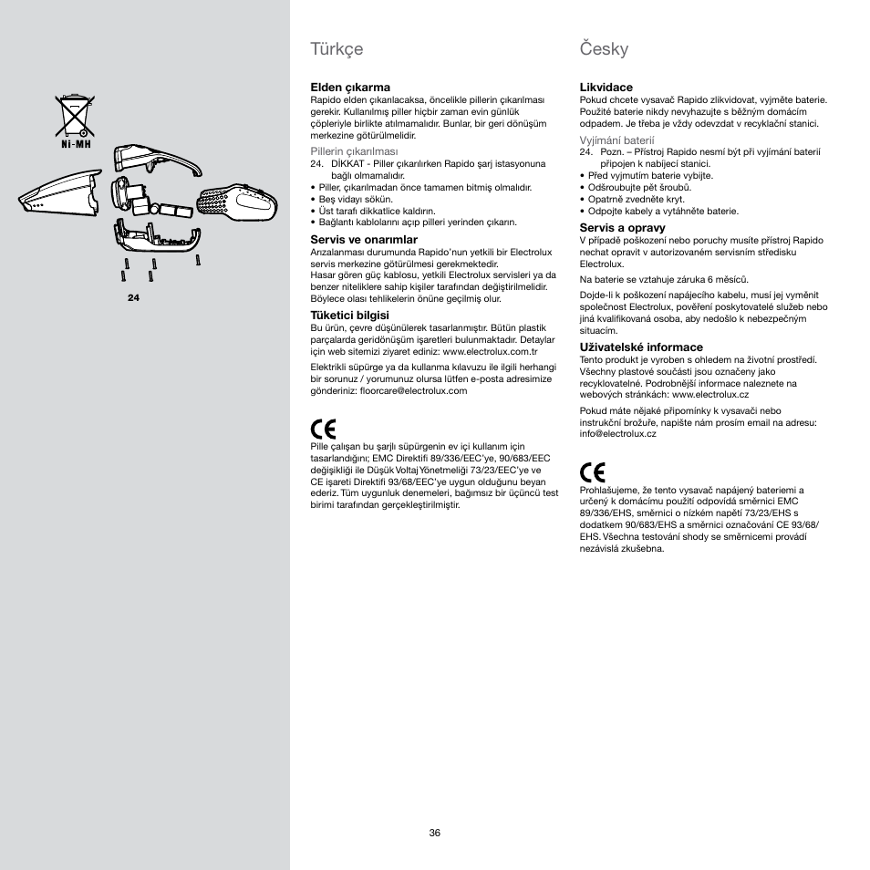 Türkçe, Česky | Electrolux Rapido Vacuum Cleaner User Manual | Page 36 / 60