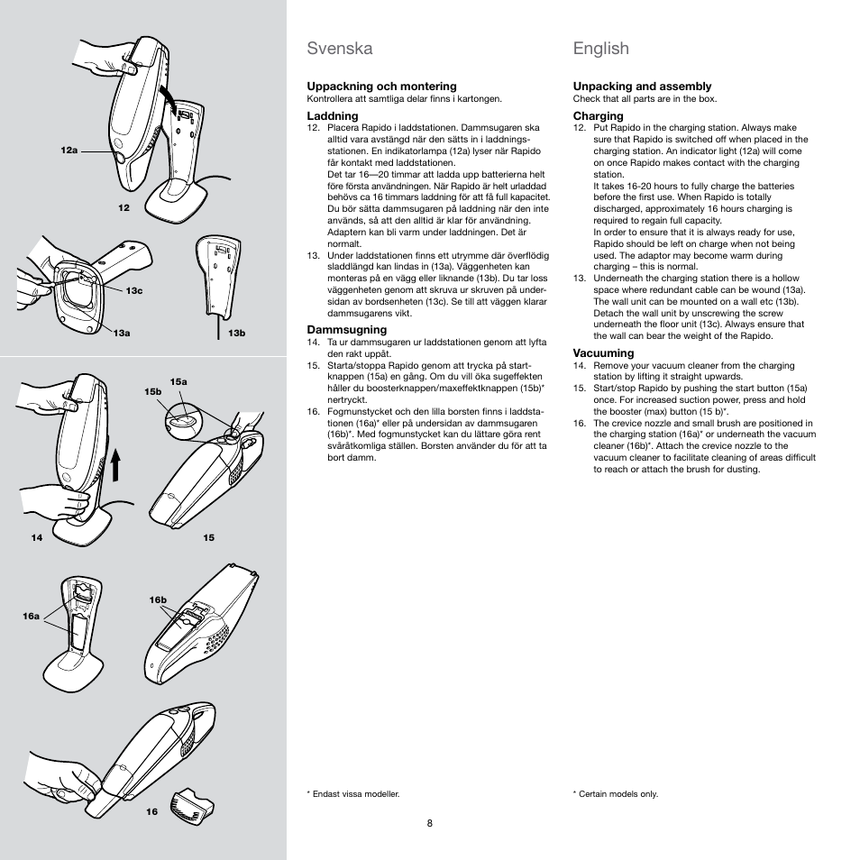 Svenska, English | Electrolux Rapido Vacuum Cleaner User Manual | Page 8 / 60