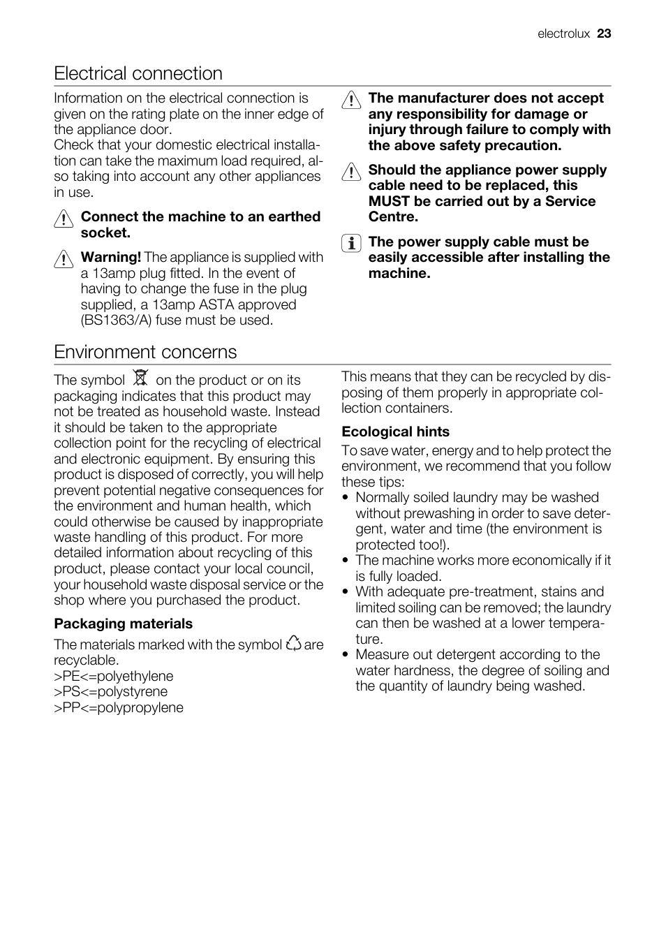 Electrical connection, Environment concerns | Electrolux EWP 10075 W User Manual | Page 23 / 24