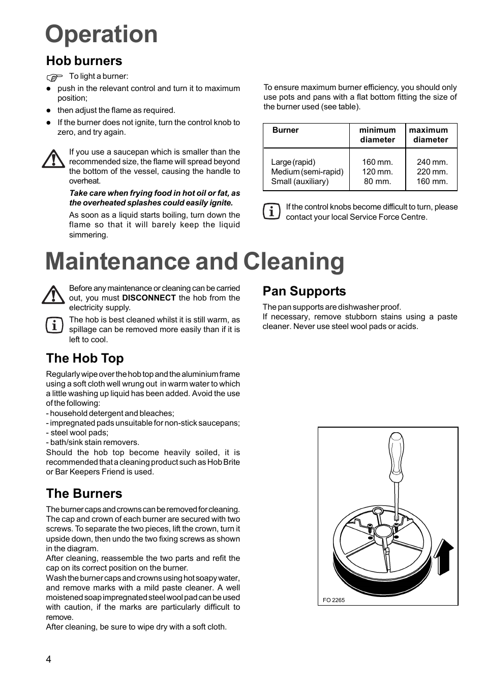 Operation, Maintenance and cleaning, Hob burners | The hob top, The burners, Pan supports | Electrolux EGG 690 User Manual | Page 4 / 16