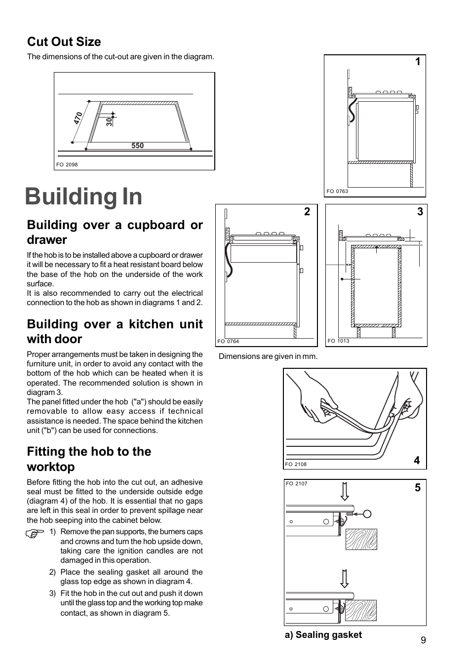 Building in, Cut out size, Building over a cupboard or drawer | Building over a kitchen unit with door, Fitting the hob to the worktop | Electrolux EGG 690 User Manual | Page 9 / 16