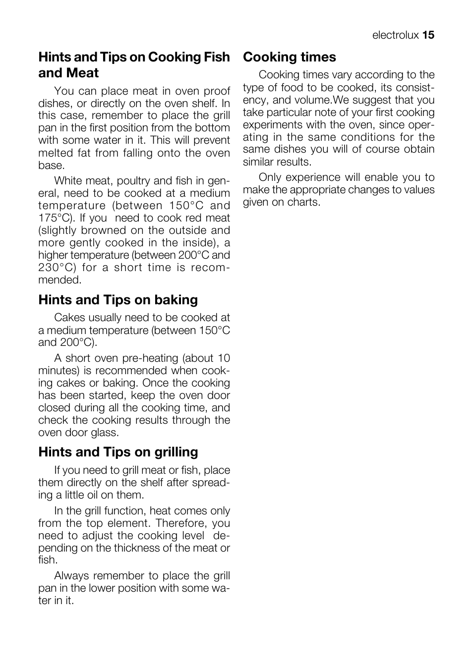 Hints and tips on cooking fish and meat, Hints and tips on baking, Hints and tips on grilling | Cooking times | Electrolux EKM 70150 User Manual | Page 15 / 40