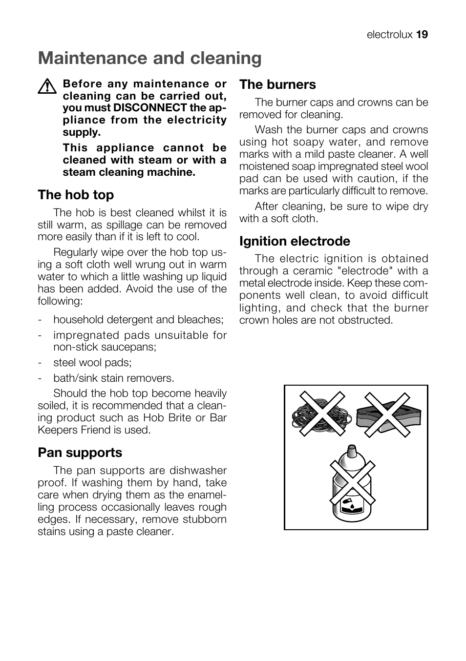 Maintenance and cleaning, The hob top, Pan supports | The burners, Ignition electrode | Electrolux EKM 70150 User Manual | Page 19 / 40