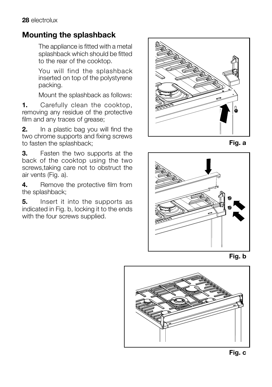 Mounting the splashback | Electrolux EKM 70150 User Manual | Page 28 / 40