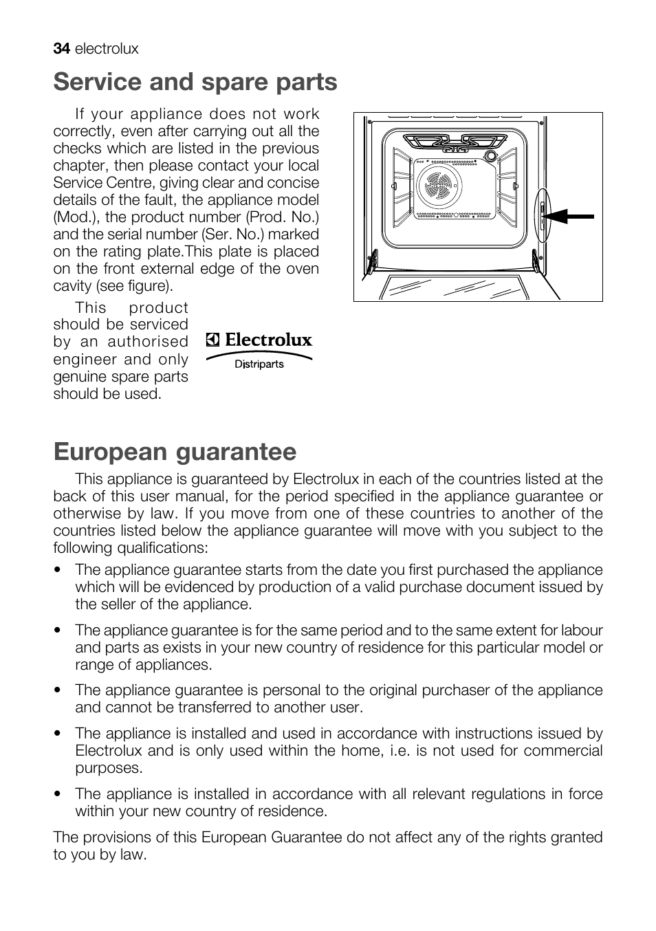 European guarantee service and spare parts | Electrolux EKM 70150 User Manual | Page 34 / 40