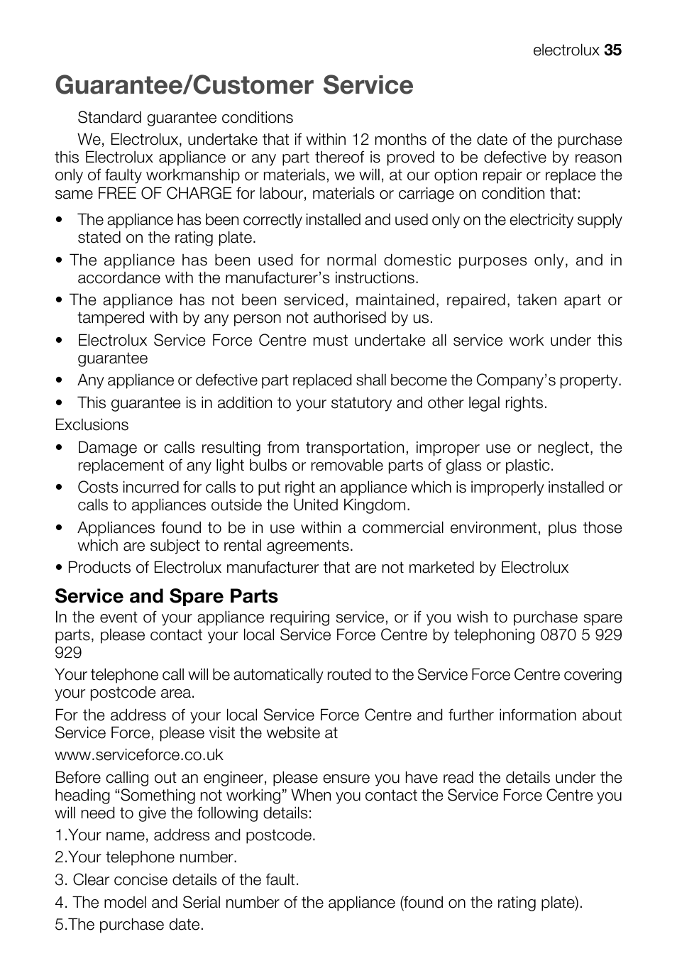 Guarantee/customer service, Service and spare parts | Electrolux EKM 70150 User Manual | Page 35 / 40