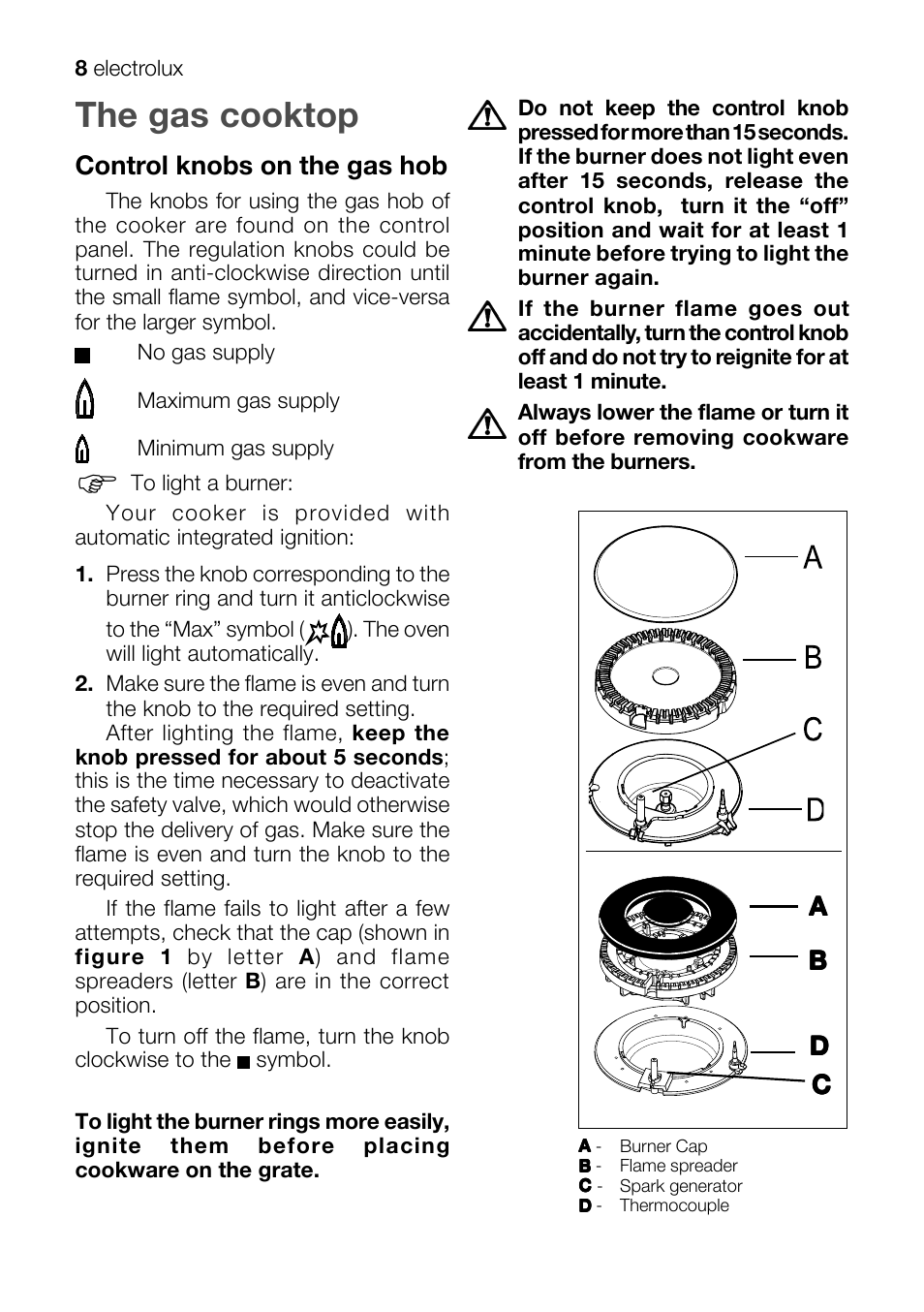 The gas cooktop, Control knobs on the gas hob | Electrolux EKM 70150 User Manual | Page 8 / 40