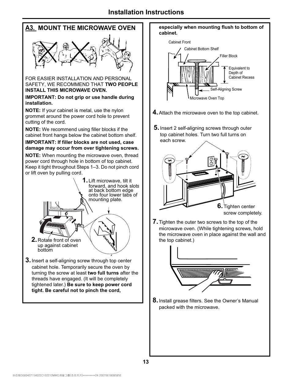 Installation instructions | Electrolux Over The Range Microwave Oven User Manual | Page 13 / 22