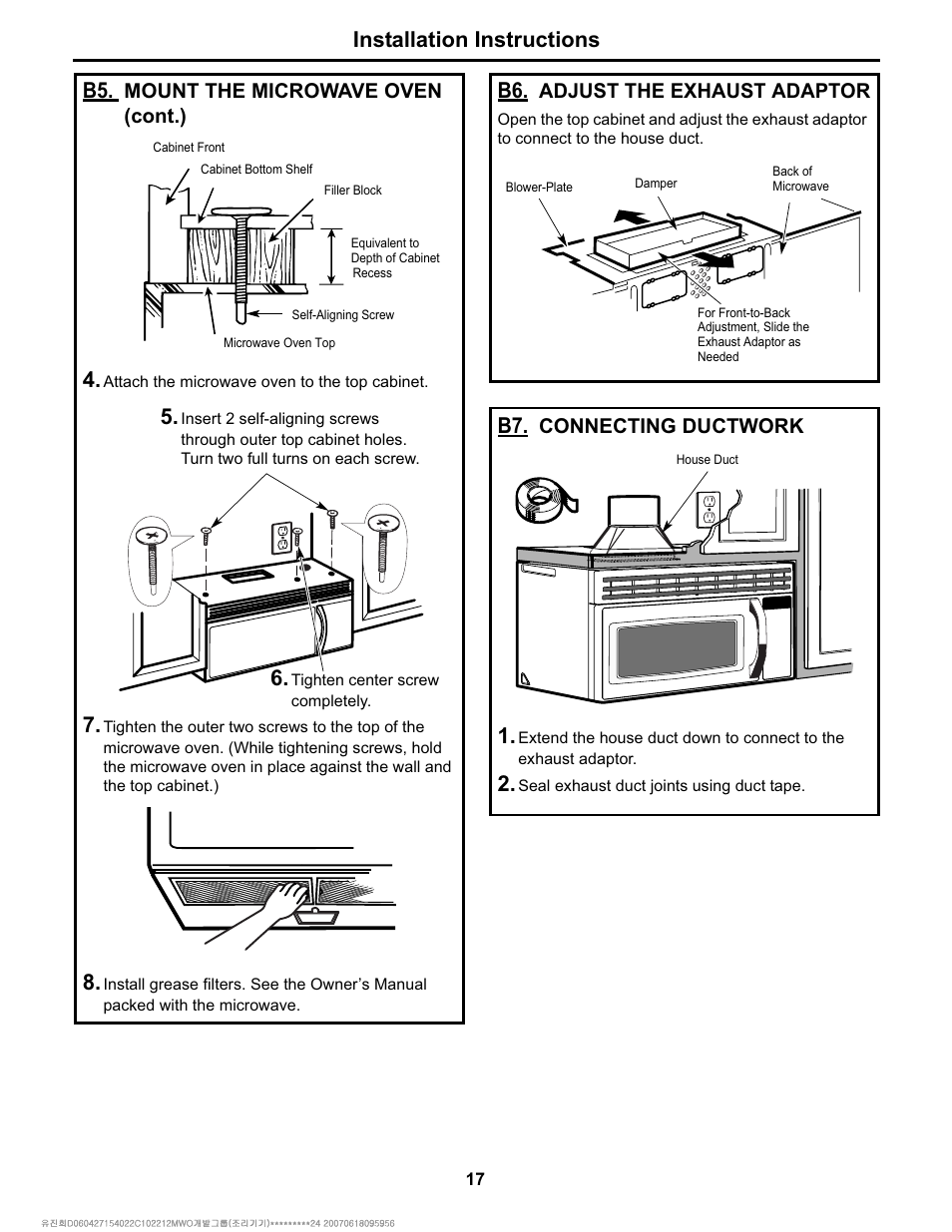 Installation instructions | Electrolux Over The Range Microwave Oven User Manual | Page 17 / 22