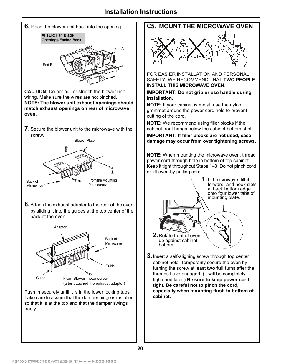 Installation instructions, Mount the microwave oven | Electrolux Over The Range Microwave Oven User Manual | Page 20 / 22