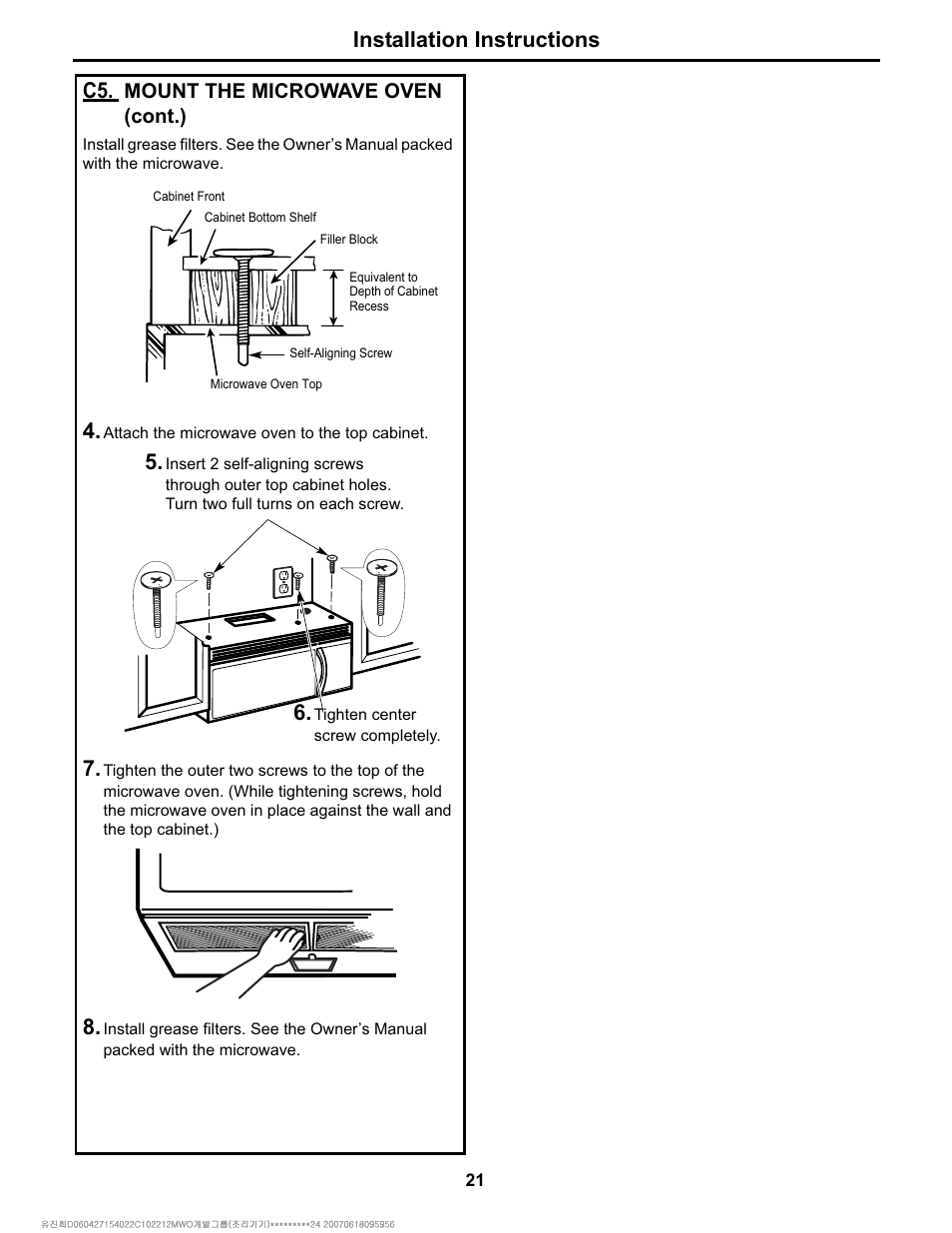 Installation instructions | Electrolux Over The Range Microwave Oven User Manual | Page 21 / 22